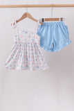 Blue Floral Smocked Ruffle Shorts Set - Aaria Tees Aaria Tees