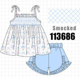 Blue Floral Smocked Ruffle Shorts Set Aaria Tees