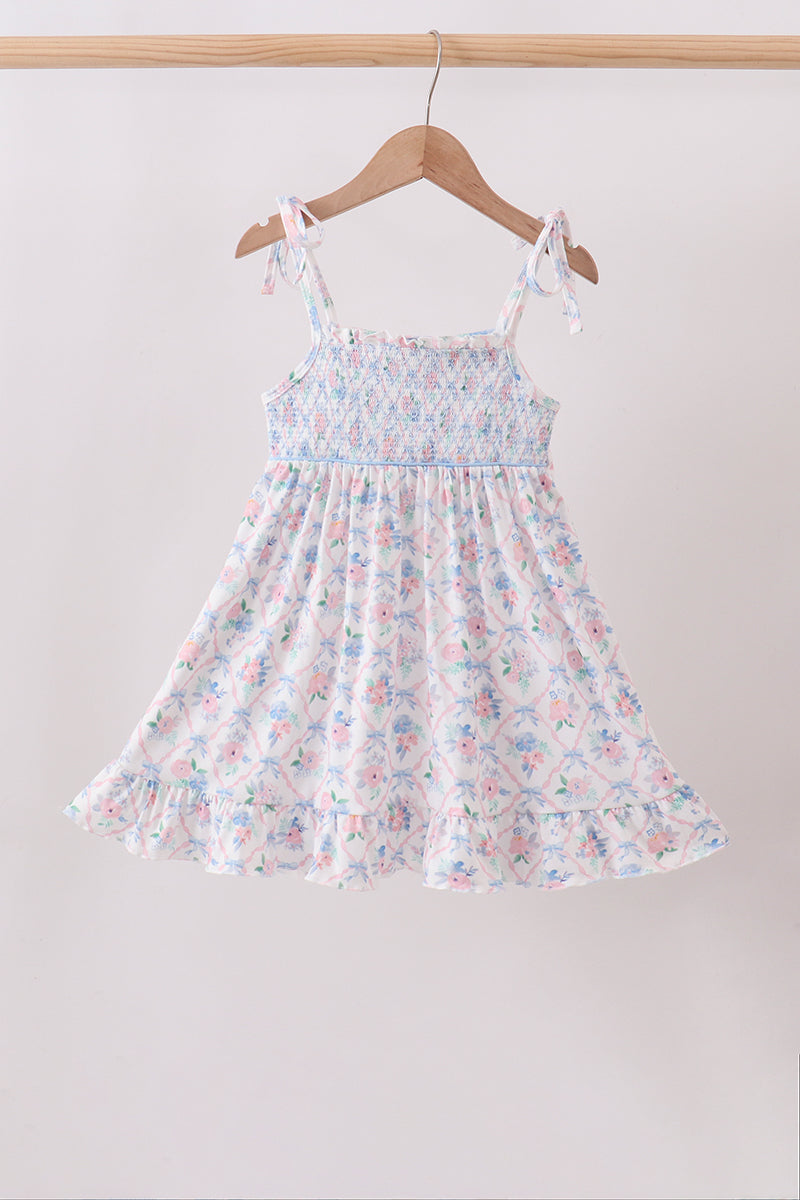Blue Floral Smocked Ruffle Dress - Aaria Tees Aaria Tees