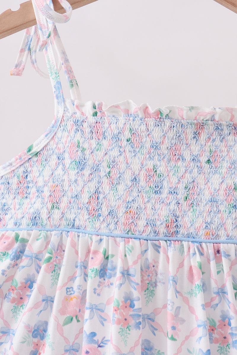 Blue Floral Smocked Ruffle Dress - Aaria Tees Aaria Tees