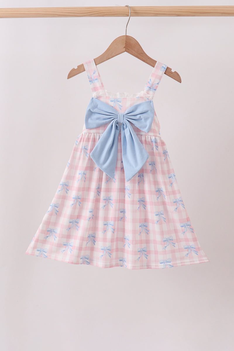 Pink Gingham Bow Print Dress - Aaria Tees