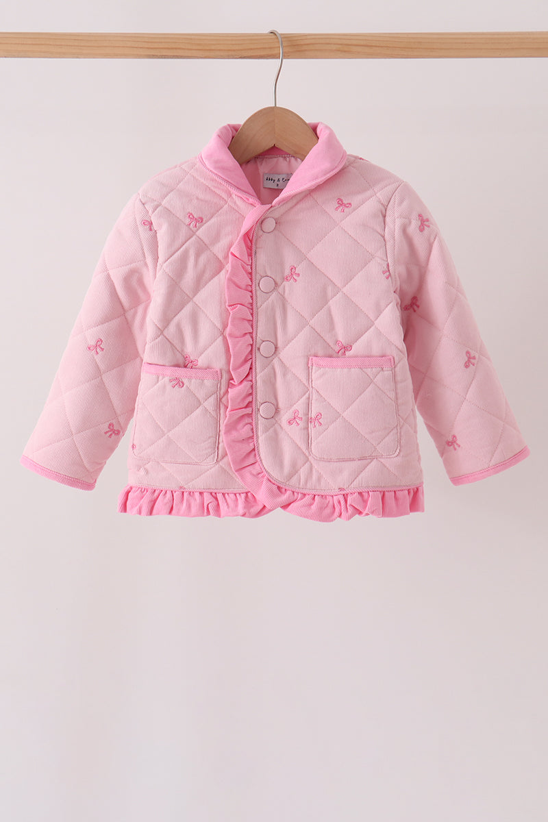 Pink corduroy bow embroidery ruffle jacket - Aaria Tees