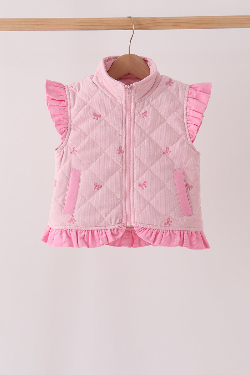 Pink corduroy bow embroidery ruffle vest - Aaria Tees Aaria Tees