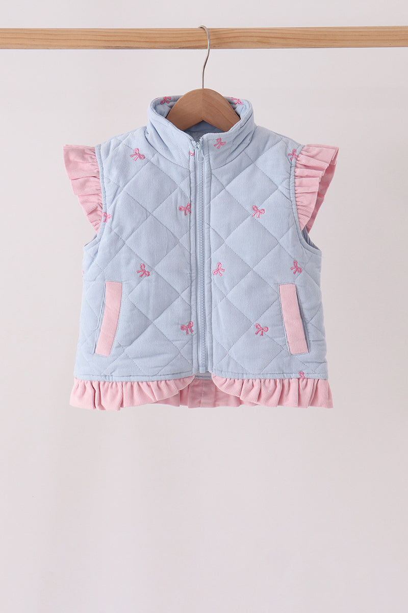 Blue corduroy bow embroidery ruffle vest - Aaria Tees