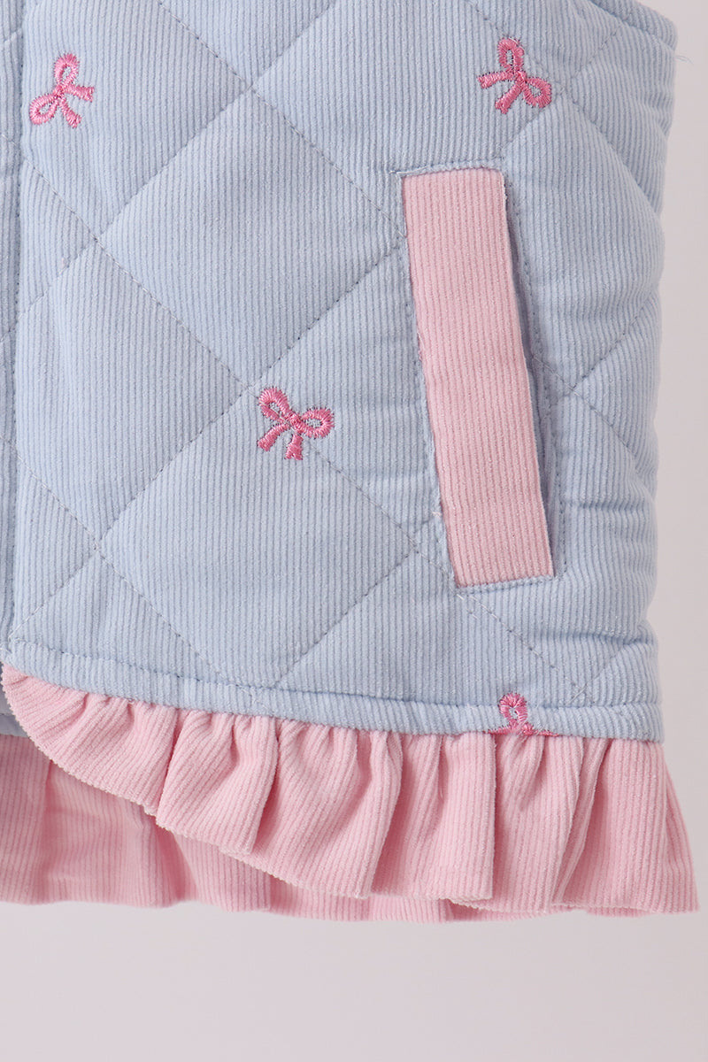 Blue corduroy bow embroidery ruffle vest - Aaria Tees Aaria Tees