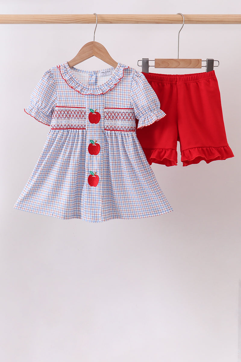 Blue Apple Embroidered Plaid Ruffle Shorts Set - Aaria Tees Aaria Tees