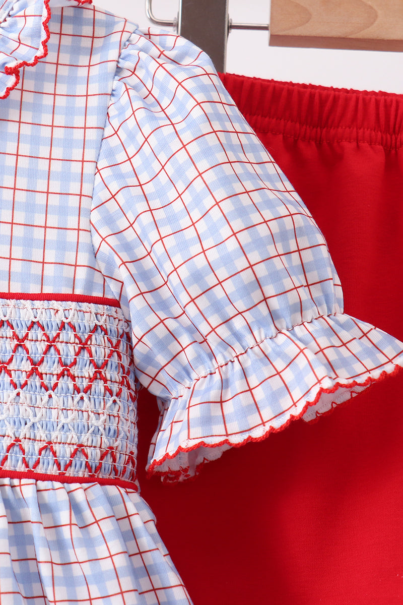 Blue Apple Embroidered Plaid Ruffle Shorts Set - Aaria Tees Aaria Tees