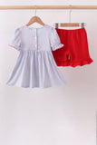 Blue Apple Embroidered Plaid Ruffle Shorts Set - Aaria Tees Aaria Tees