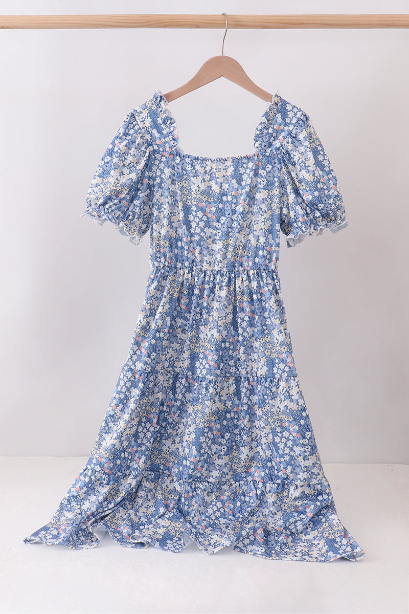 Blue Floral Print Mom Dress - Aaria Tees Aaria Tees