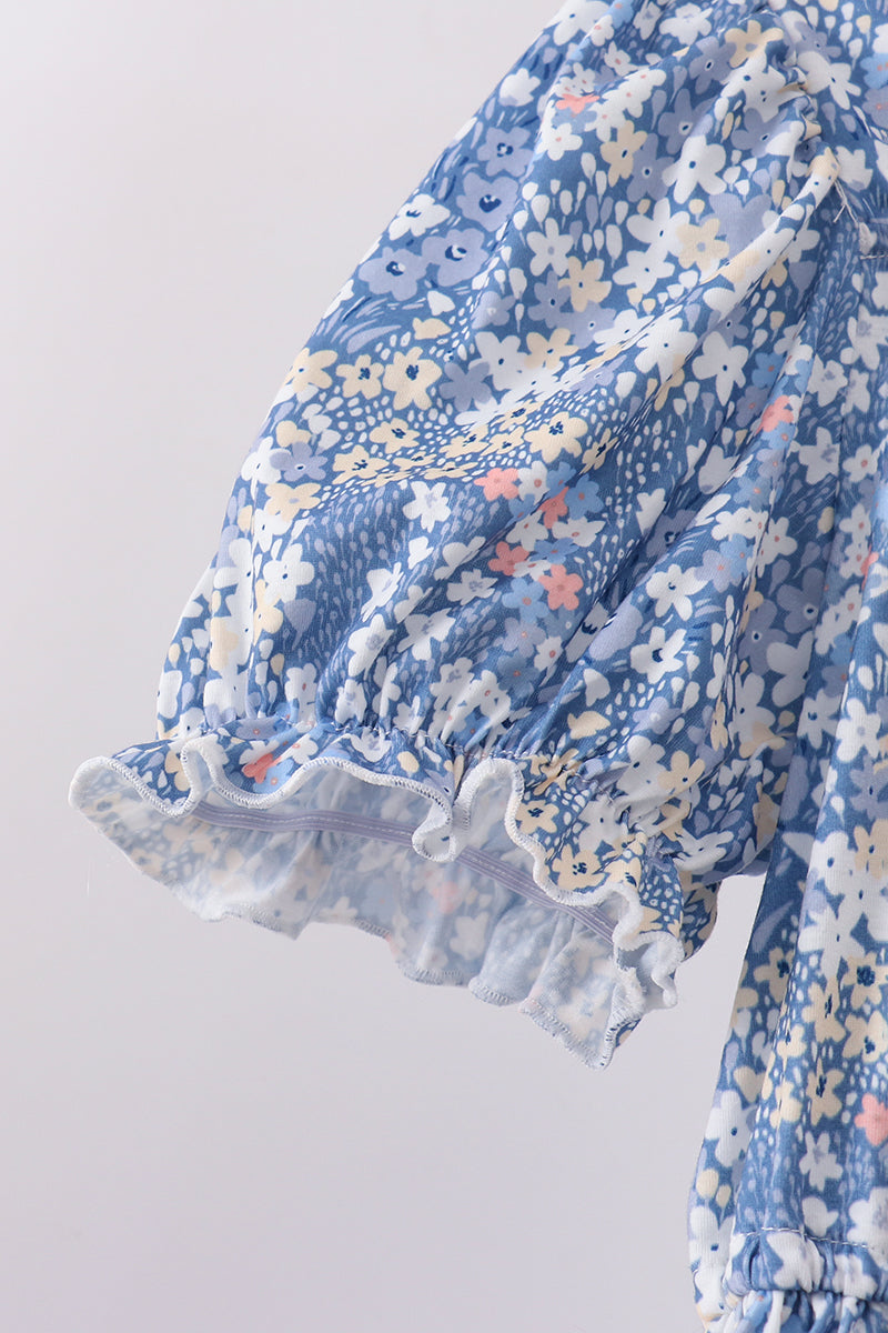 Blue Floral Print Mom Dress - Aaria Tees Aaria Tees