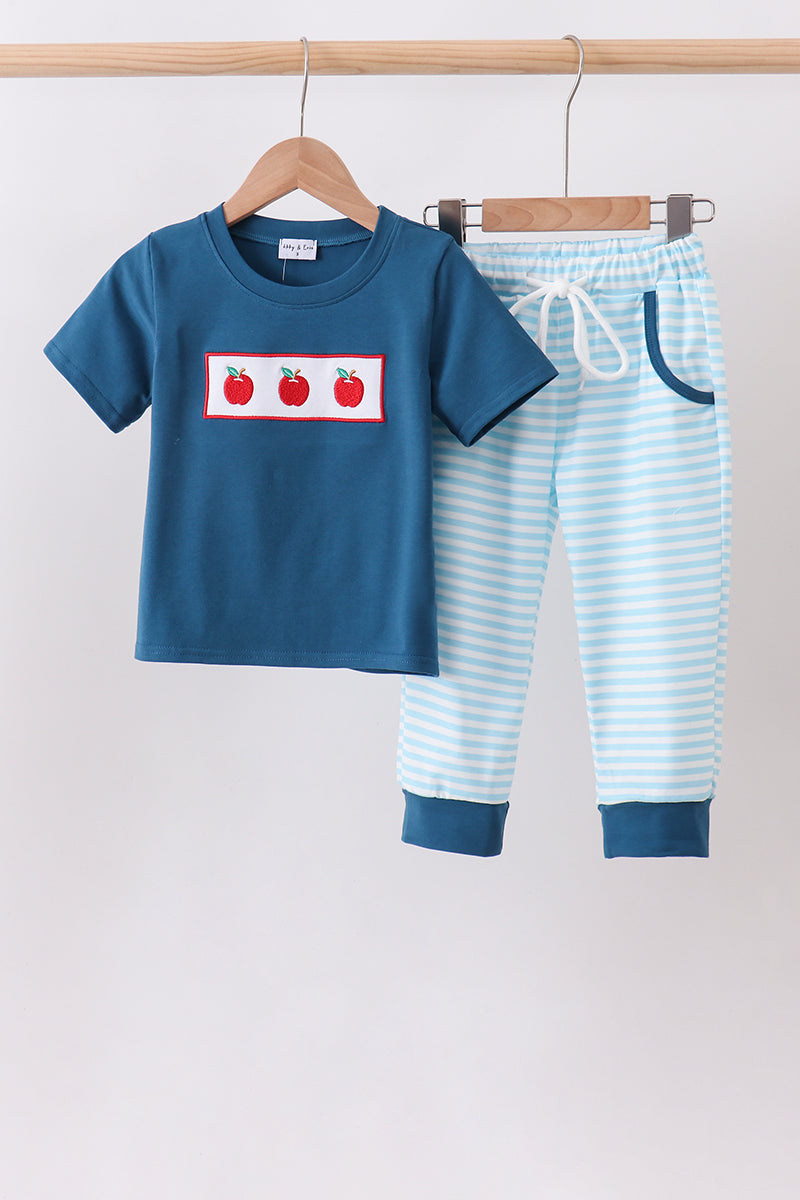 Teal Apple Embroidered Stripe Pants Set - Aaria Tees Aaria Tees