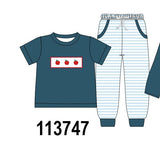 Teal Apple Embroidered Stripe Pants Set Aaria Tees