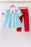 Blue Apple Embroidered Pants Set - Aaria Tees Aaria Tees