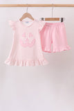 Pink Jack-O-Lantern  Applique Ruffle Shorts Set Aaria Tees