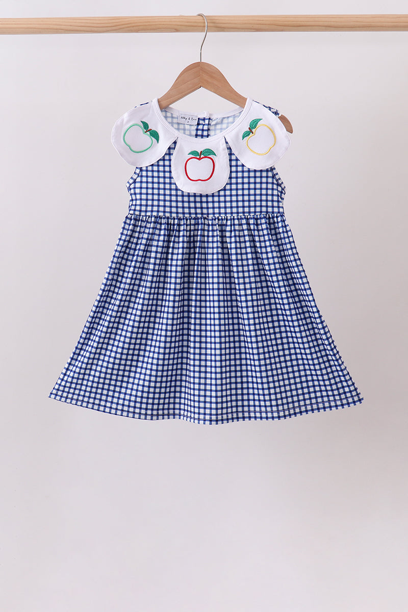 Navy Apple Embroidered Gingham Dress - Aaria Tees Aaria Tees