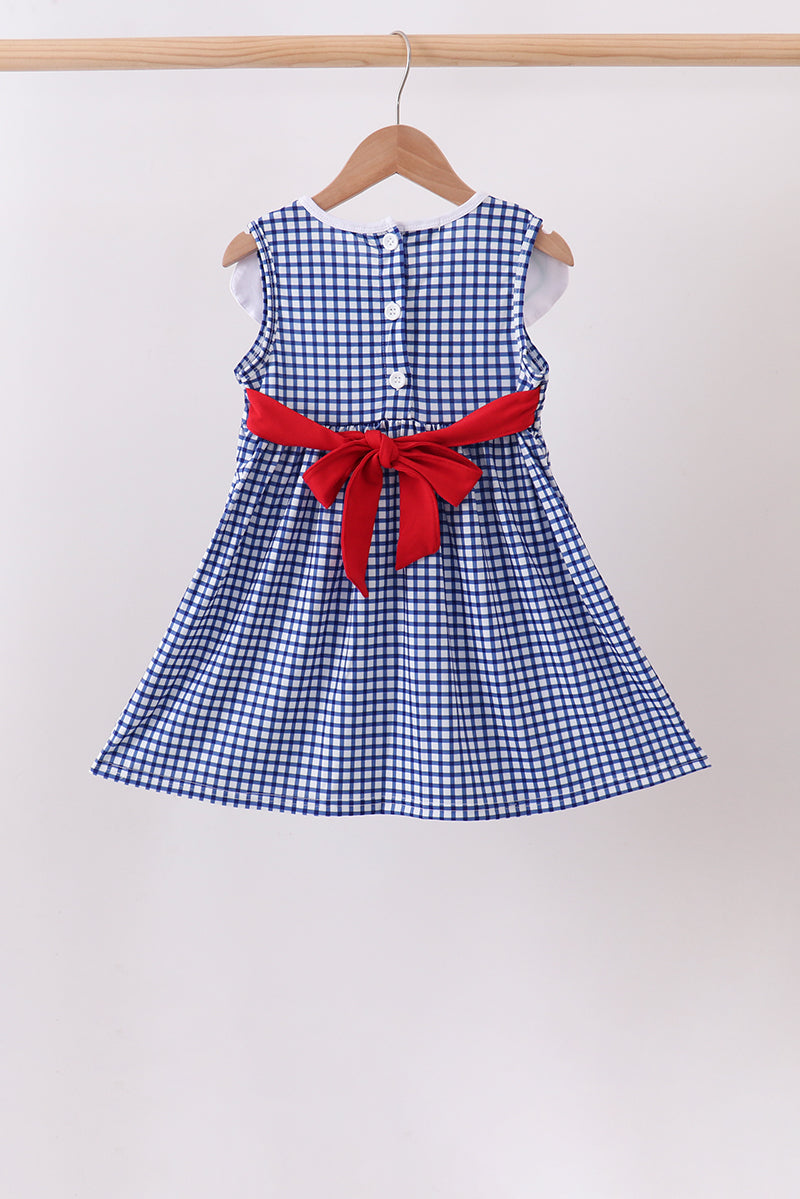 Navy Apple Embroidered Gingham Dress - Aaria Tees Aaria Tees