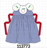 Navy Apple Embroidered Gingham Dress Aaria Tees