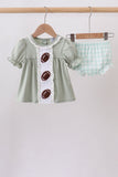 Green football french knot gingham bloomer set Aaria Tees
