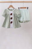 Green football french knot gingham ruffle shorts set Aaria Tees