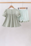 Green football french knot gingham ruffle shorts set Aaria Tees