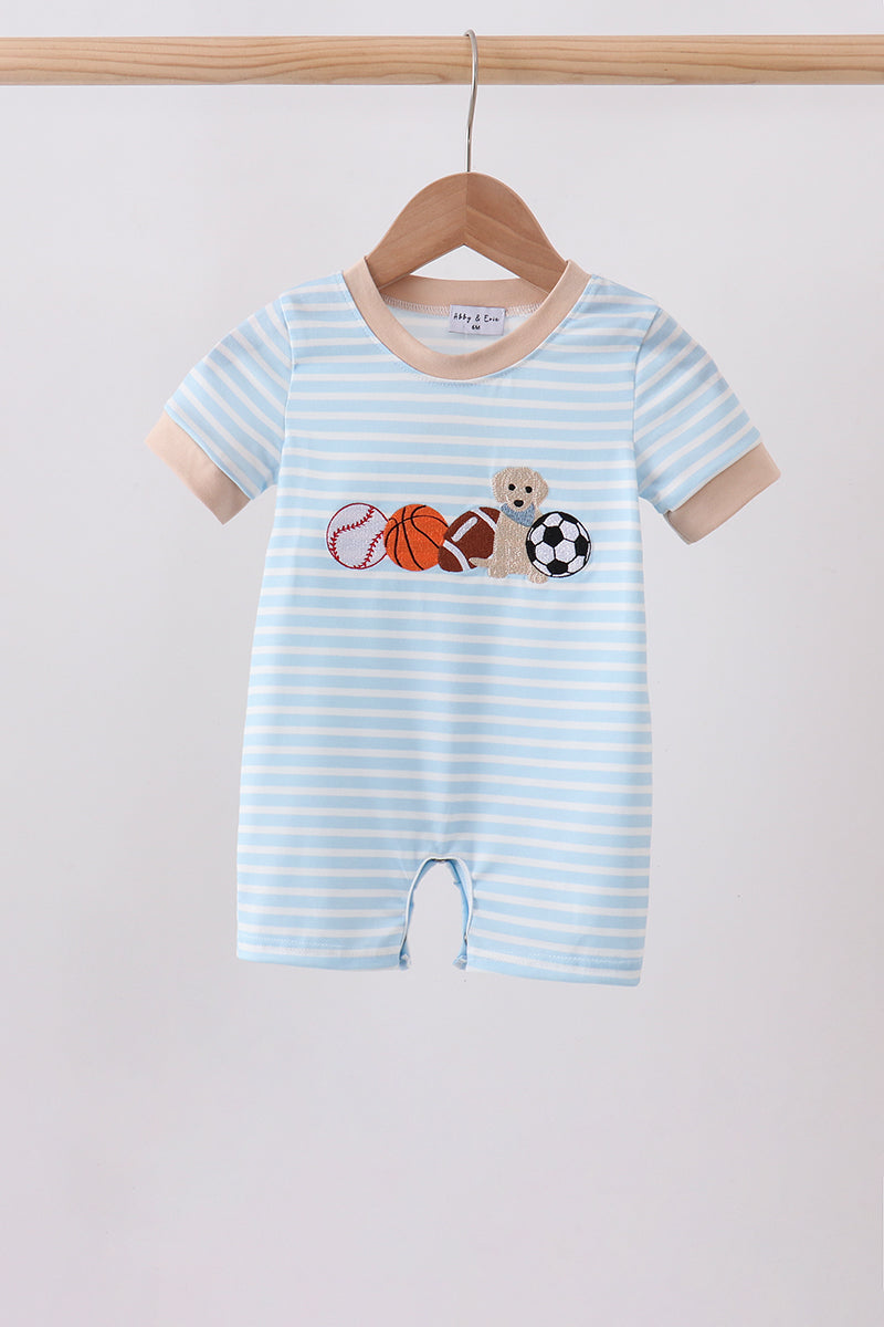 Blue Puppy Ball Embroidered Stripe Romper - Aaria Tees