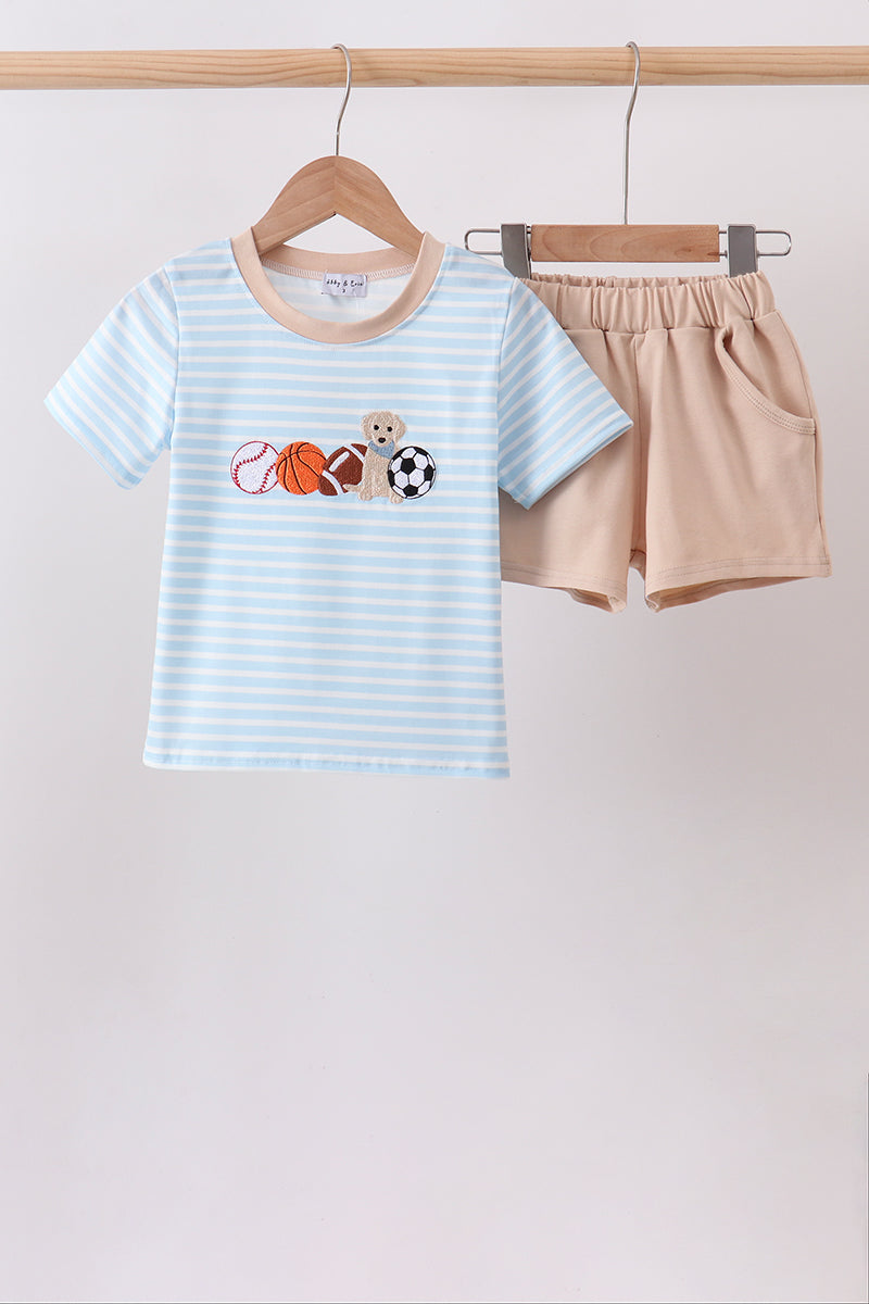 Blue Puppy Ball Embroidered Stripe Shorts Set - Aaria Tees Aaria Tees