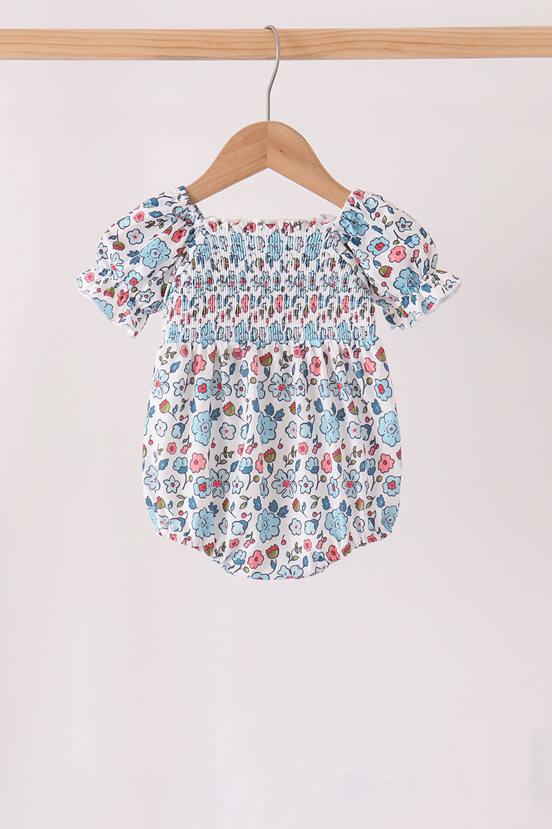 Blue floral smocked ruffle bubble - Aaria Tees Aaria Tees