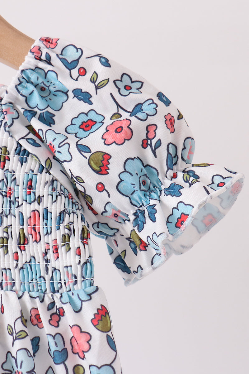 Blue floral smocked ruffle bubble - Aaria Tees Aaria Tees