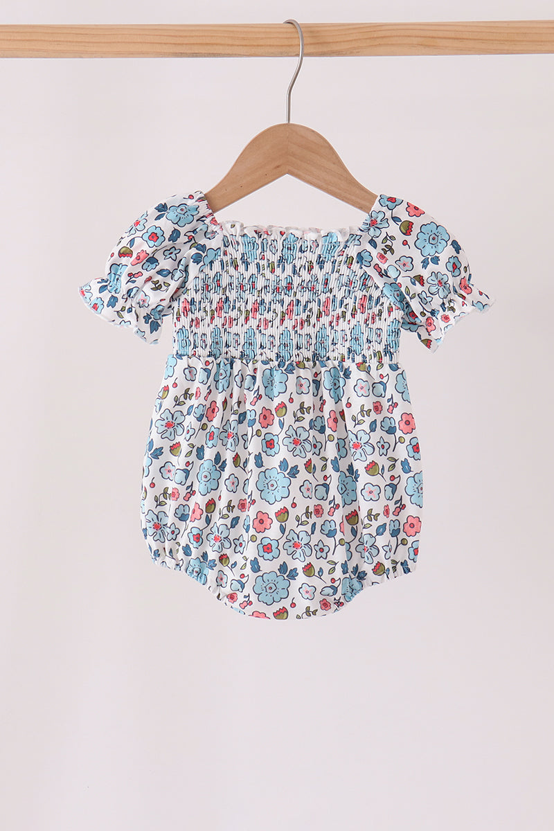 Blue floral smocked ruffle bubble - Aaria Tees Aaria Tees