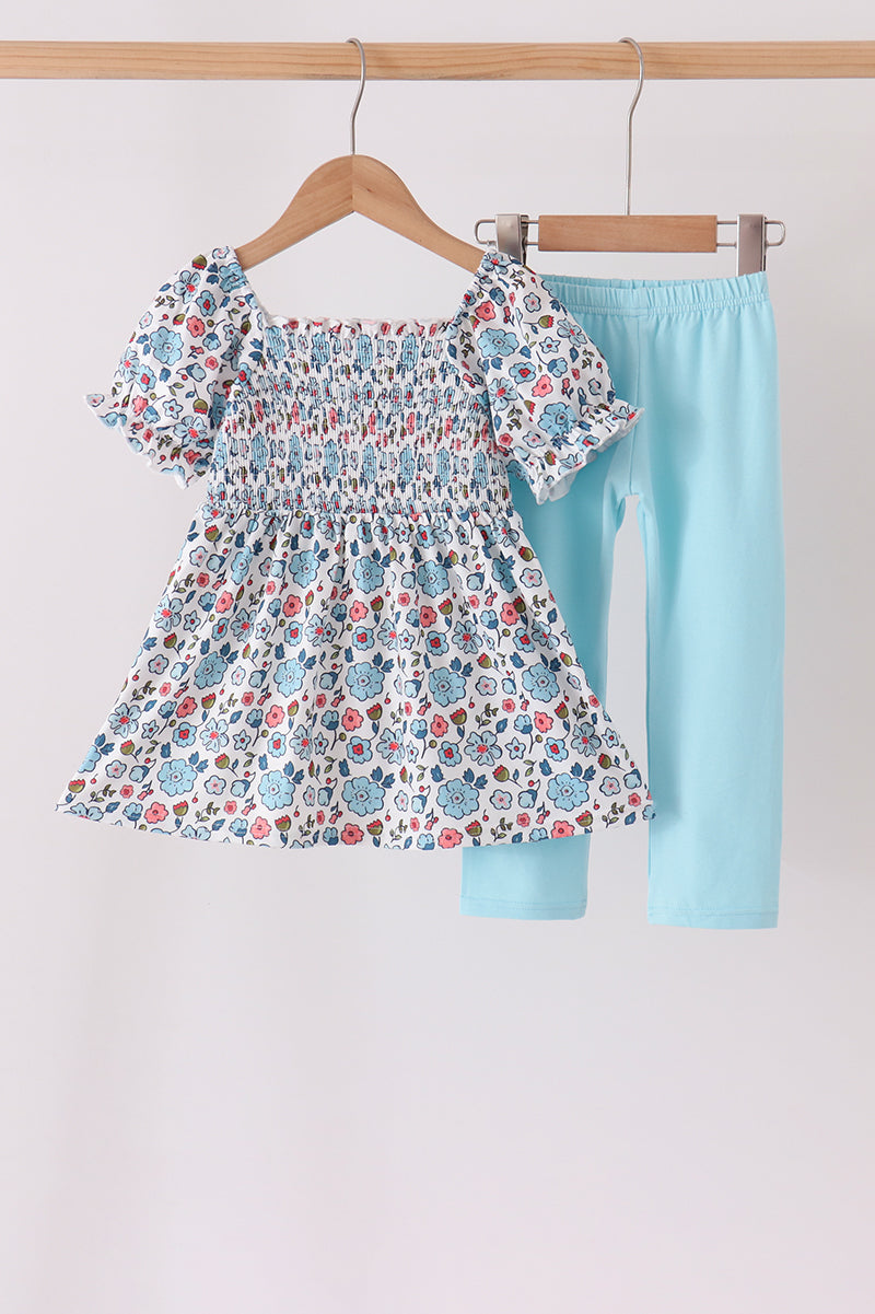 Blue floral smocked ruffle pants set - Aaria Tees