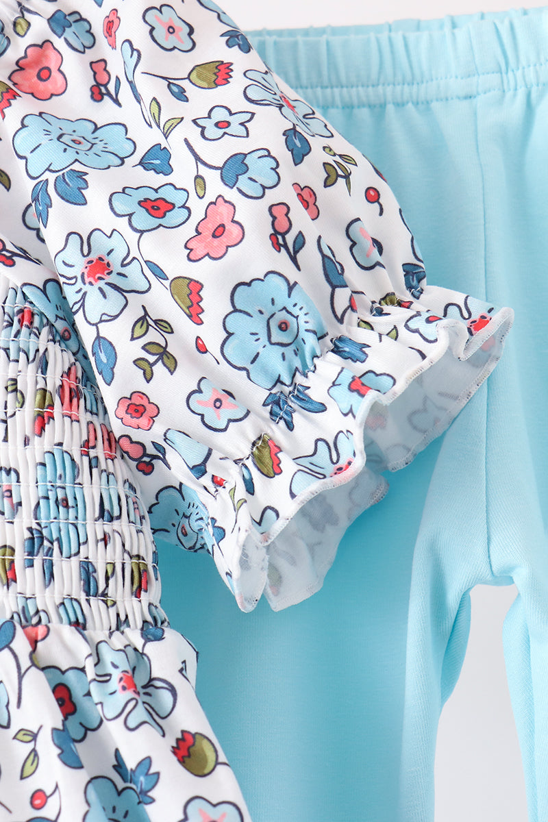 Blue floral smocked ruffle pants set - Aaria Tees Aaria Tees