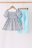 Blue floral smocked ruffle pants set - Aaria Tees Aaria Tees