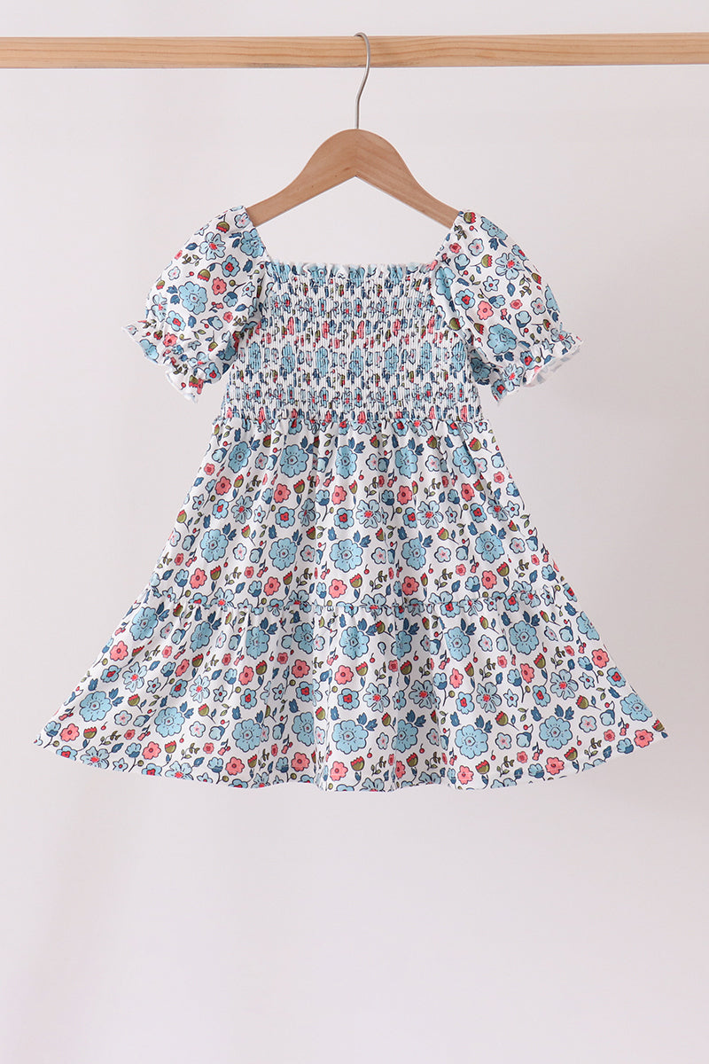Blue floral smocked ruffle dress - Aaria Tees