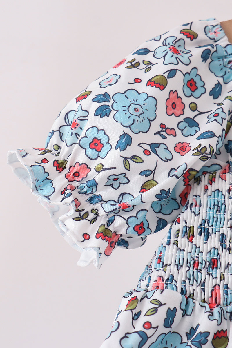 Blue floral smocked ruffle dress - Aaria Tees Aaria Tees