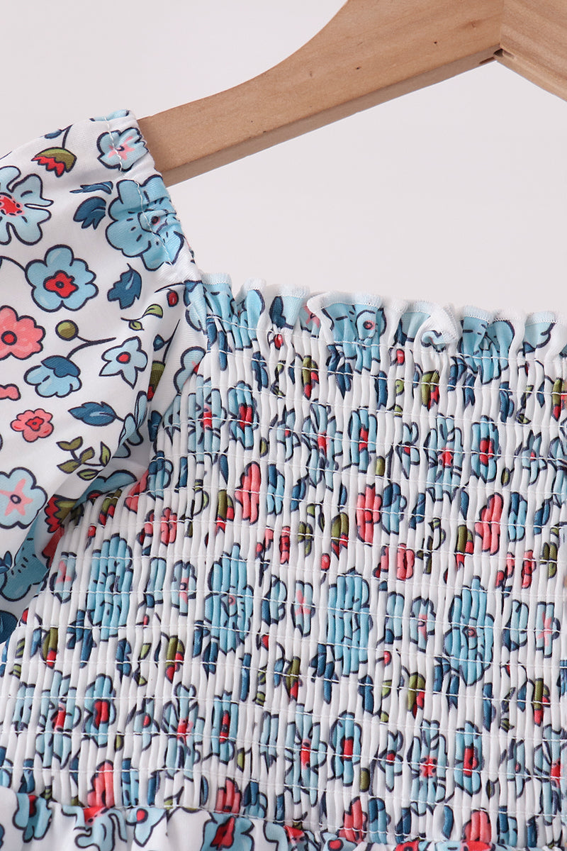 Blue floral smocked ruffle dress - Aaria Tees Aaria Tees