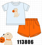 Blue Puppy Pumpkin Applique Shorts Set Aaria Tees