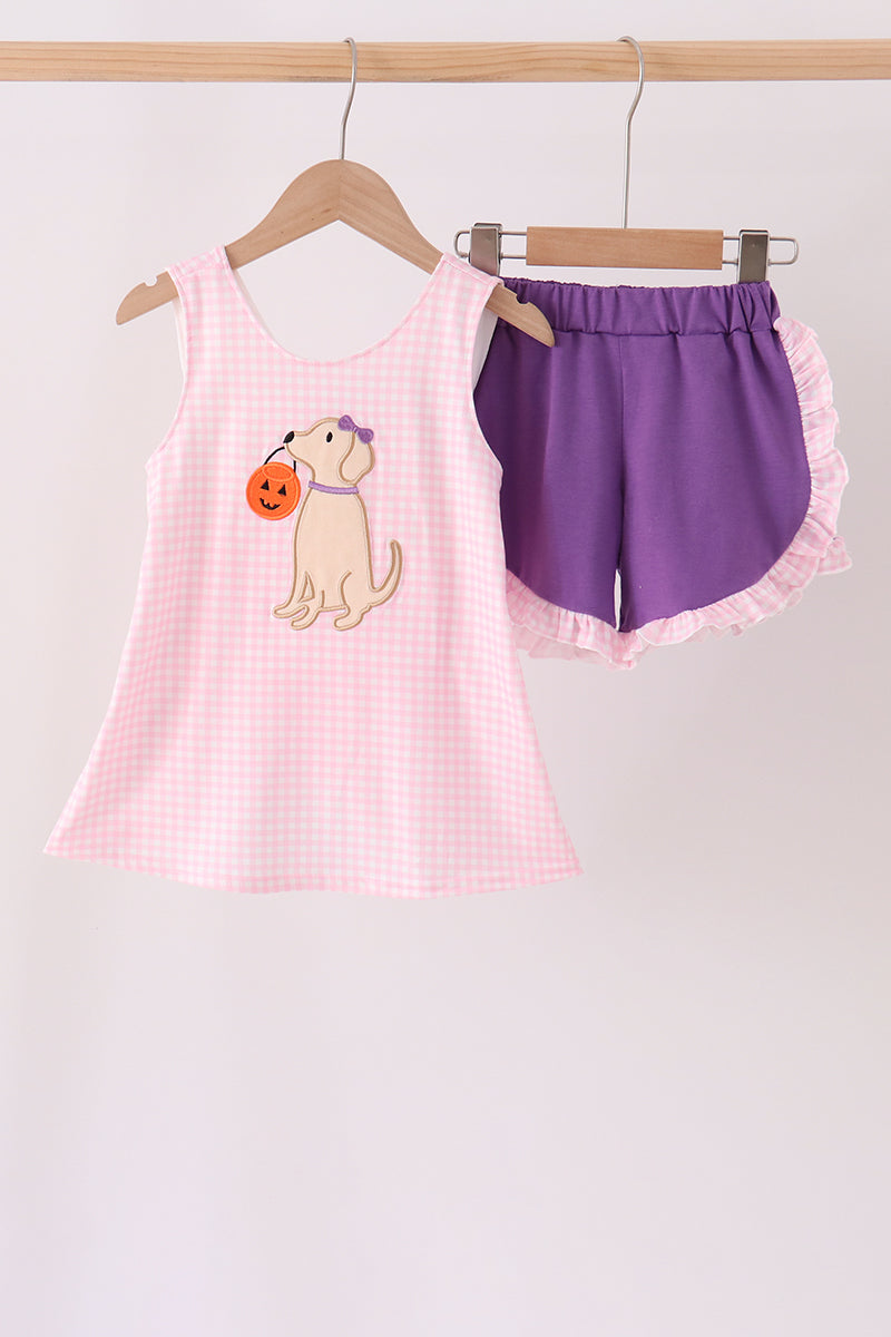 Pink Puppy Pumpkin Applique Ruffle Shorts Set - Aaria Tees Aaria Tees