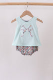 Blue Floral Bow Applique Bubble Aaria Tees