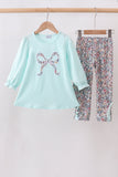 Blue Floral Bow Applique Pants Set Aaria Tees