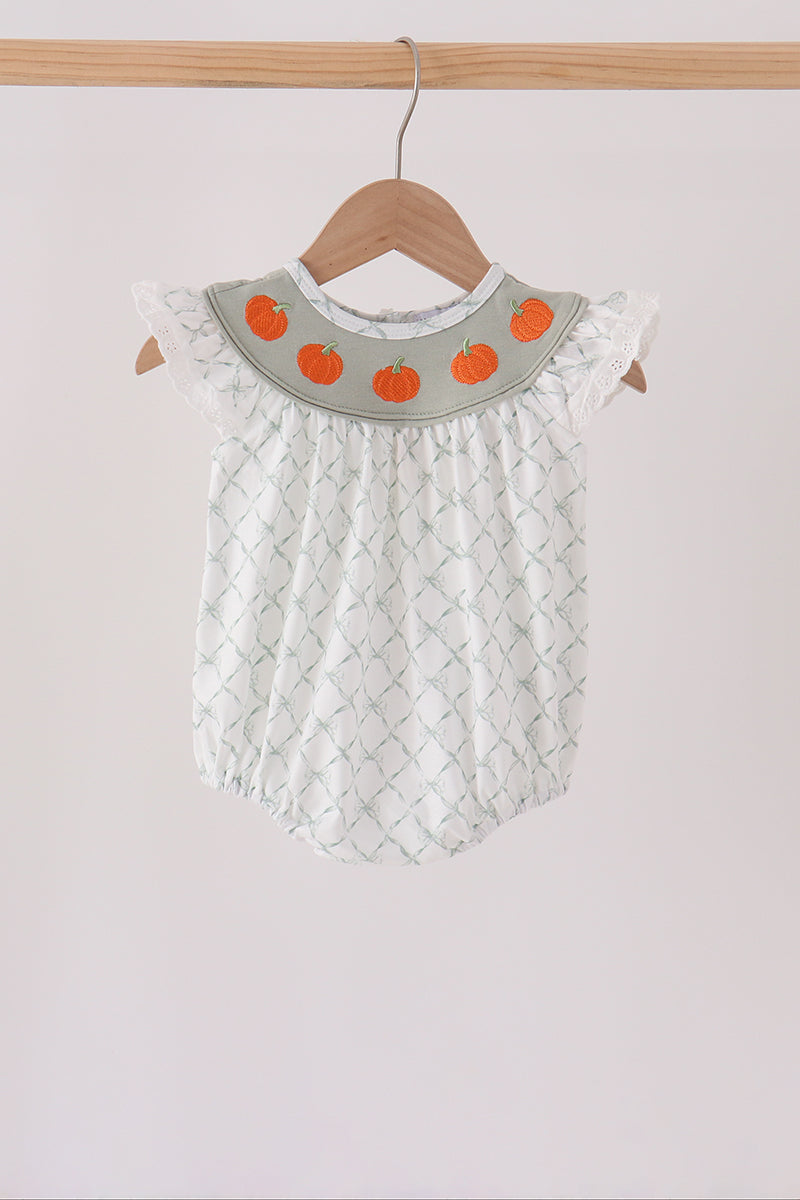 Sage pumpkin embroidery bow ruffle bubble - Aaria Tees