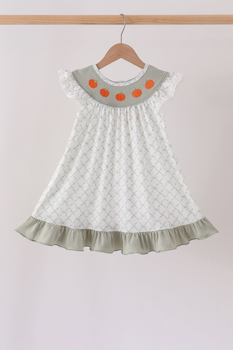 Sage pumpkin embroidery bow ruffle dress - Aaria Tees Aaria Tees