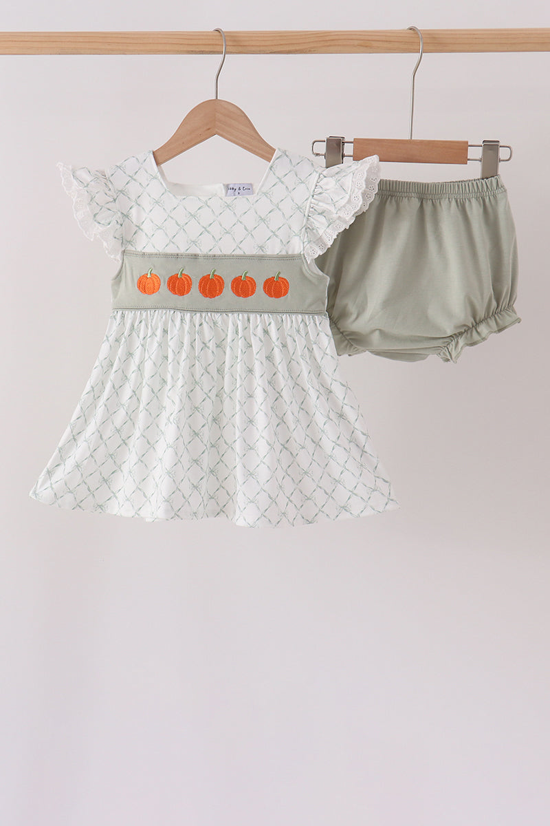 Sage pumpkin embroidery bow ruffle bloomer set - Aaria Tees