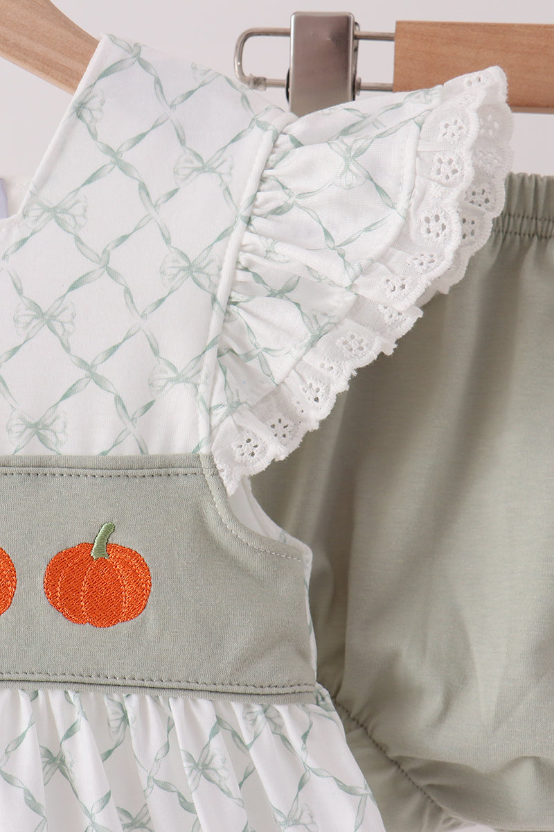 Sage pumpkin embroidery bow ruffle bloomer set - Aaria Tees Aaria Tees