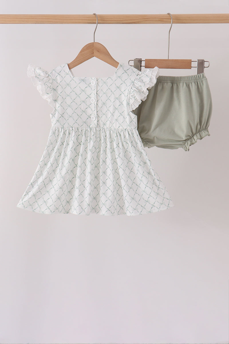 Sage pumpkin embroidery bow ruffle bloomer set - Aaria Tees Aaria Tees