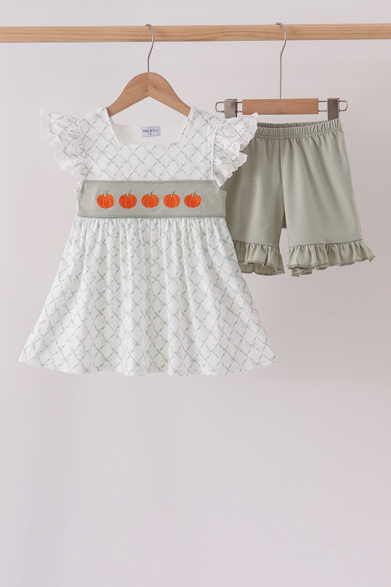 Sage pumpkin embroidery bow ruffle shorts set - Aaria Tees