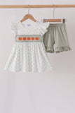 Sage pumpkin embroidery bow ruffle shorts set - Aaria Tees Aaria Tees