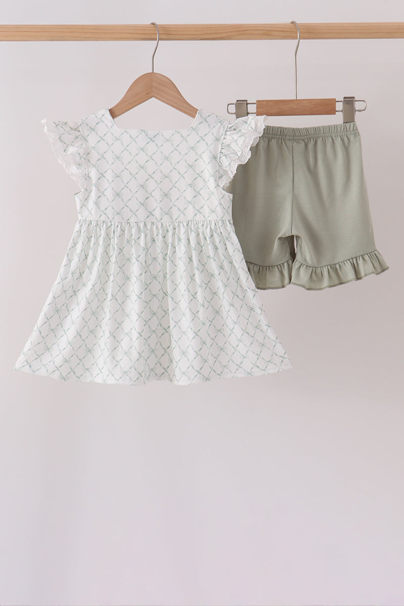 Sage pumpkin embroidery bow ruffle shorts set - Aaria Tees Aaria Tees