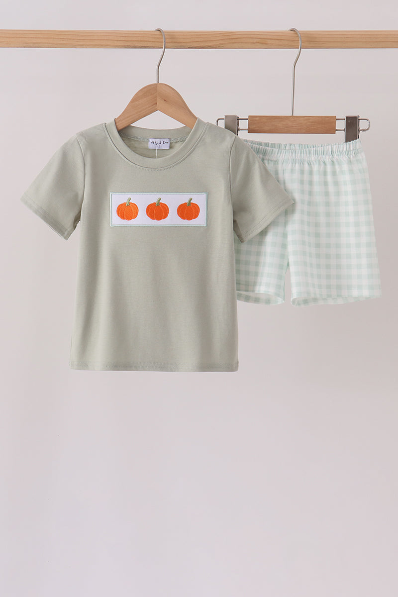 Sage pumpkin embroidery shorts set - Aaria Tees Aaria Tees