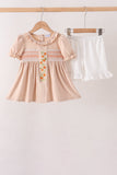 Khaki Pumpkin Smocked Ruffle Shorts Set Aaria Tees