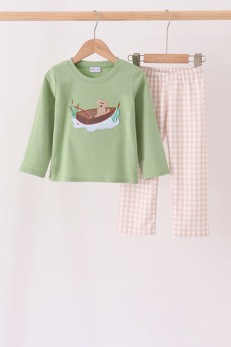 Sage Puppy Fishing Gingham Pants Set - Aaria Tees